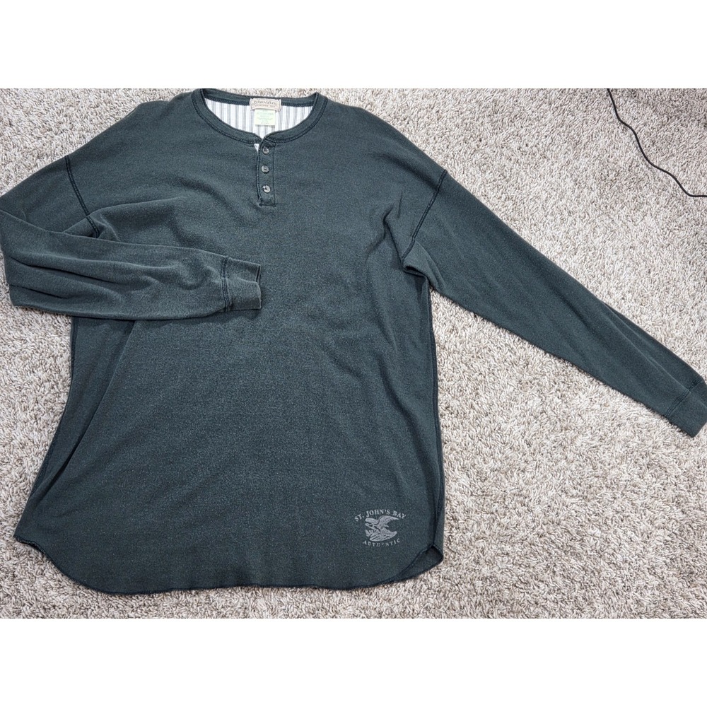 Vtg 90s St Johns Bay Henley Shirt Mens XL Green USA Eagle Logo Charcoal Grey
